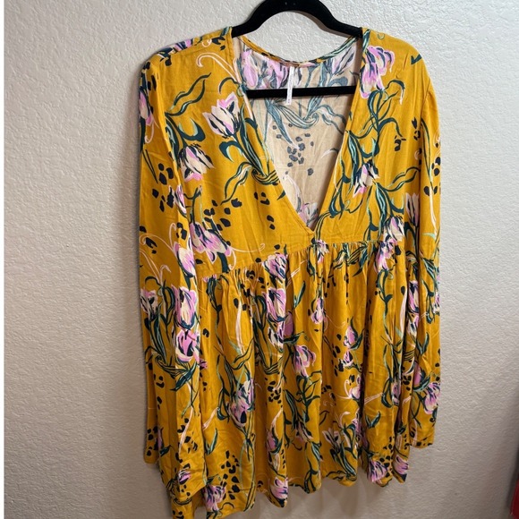 Free People Womens M Yellow Floral Print V Neck Babydoll Mini Dress Long Sleeve - Picture 2 of 10